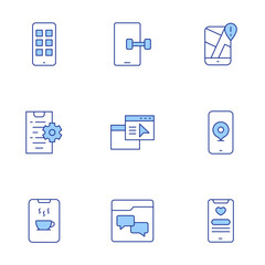 Application icons set. Line Duotone style, editable stroke. app, apps, chat, coding, fitness app, gps, mobile app, phone