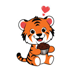 Vector Graphic of a Smiling Tiger Character with a Muffin, Showing Love with Heart Symbols, on a Clean White Background

