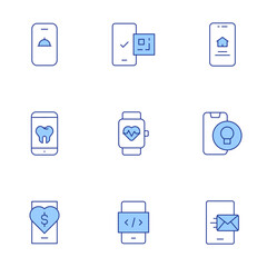 Application icons set. Line Duotone style, editable stroke. food delivery, health monitor, medical app, mobile app, payable dating app, qr code, smart home, smartphone, tips