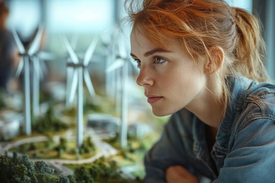 A young woman thoughtfully observes a model of a wind farm, contemplating renewable energy solutions.