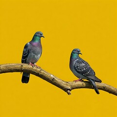 Obraz premium Two Pigeons on branch with yellow color background. 