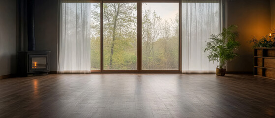 Cozy indoor space with large windows showcasing a serene outdoor view in the morning