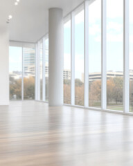 Fototapeta premium Spacious modern interior with large windows and city view during daytime