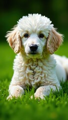 A pristine white poodle rests calmly on vibrant green grass , serene, White