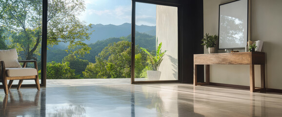 Fototapeta premium Modern interior design with beautiful mountain view from spacious living room
