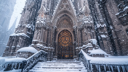 Majestic cathedral entrance adorned with intricate carvings, surrounded by falling snow, evoking tranquility