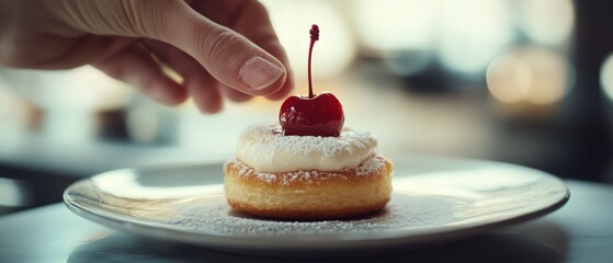 A hand places a cherry atop a creamy pastry, elevating a sweet indulgence to artistic culinary perfection.