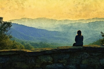 Silhouetted woman sits on a stone wall, overlooking a vast, hazy mountain range at sunset.