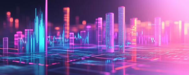 A vibrant digital cityscape with illuminated skyscrapers and a colorful grid, representing technology and innovation in a futuristic setting.