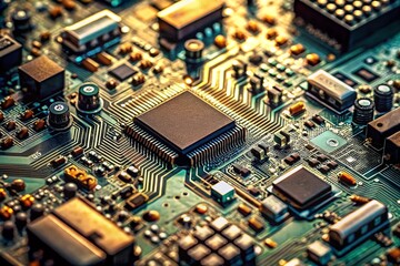 Fototapeta premium close up of a circuit board with intricate circuits chips and components