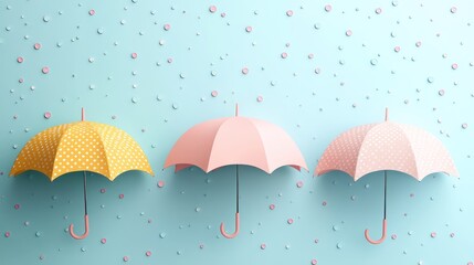 Three pastel umbrellas on a dotted background.