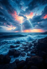 Spectacular Lightning Storm over the Sea at Sunset