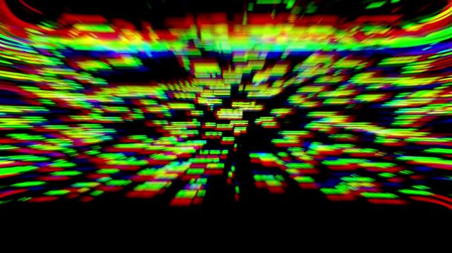 Futuristic glitch transition with chromatic distortion and fast block motion for tech visuals