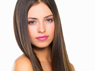Fototapeta premium Skincare, beauty and portrait of girl in studio with natural makeup, confidence and facial wellness. Dermatology, cosmetics and face of woman with space, skin glow or healthy care on white background