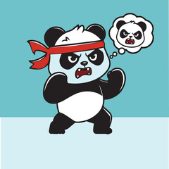 A cartoon panda with a red headband looks determined and is thinking about another panda that looks angry. The panda is standing in a fighting stance.