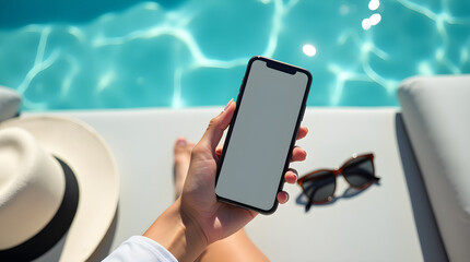 Sunny Luxury Poolside Summer Vacation Woman Relaxing with Smartphone Sunglasses and Hat