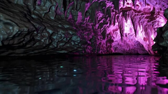 Stunning cave with pink illuminated stalactites reflecting in water, abstract nature beauty concept