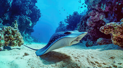 A graceful stingray gliding over sandy ocean floor amidst vibrant coral reefs and fish