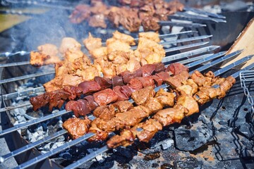 Meat dish shish kebab on skewers