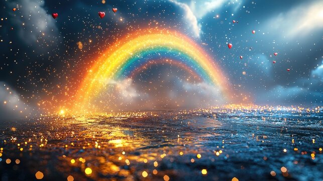 Vibrant rainbow arching over a shimmering ocean, with scattered hearts and sparkling lights in the sky