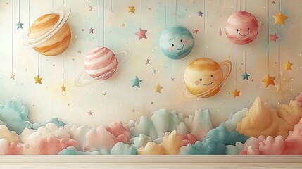 Whimsical mural featuring smiling planets and colorful clouds in a dreamy, celestial setting
