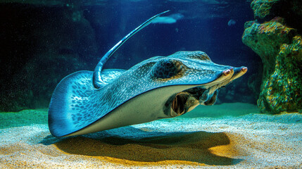 A graceful stingray gliding through clear blue water in a serene underwater environment