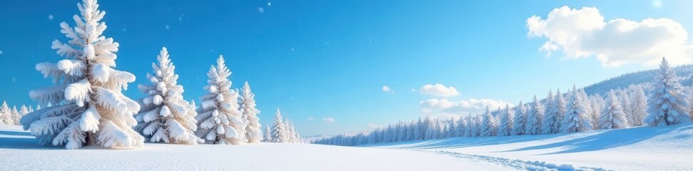 Fototapeta premium Powdery snow blankets frosted trees, vibrant blue sky backdrop, snow covered, tranquil, untouched