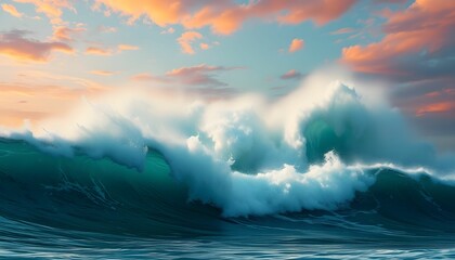 Fototapeta premium Majestic Wave at Sunset: A Symphony of Ocean and Sky
