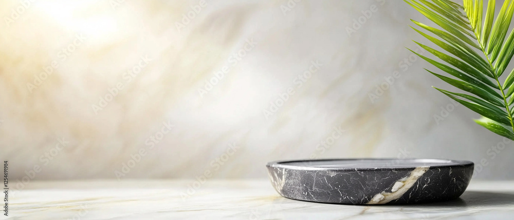 Poster Marble tray on marble surface with palm leaf in minimal setting