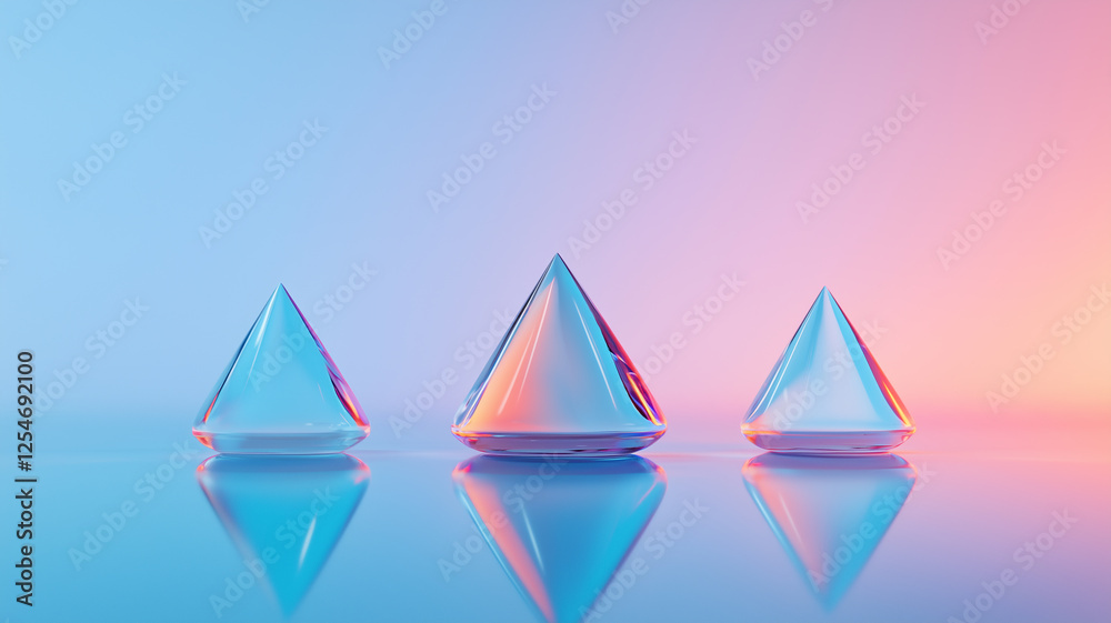 Poster Three glass pyramids on reflective surface with gradient background