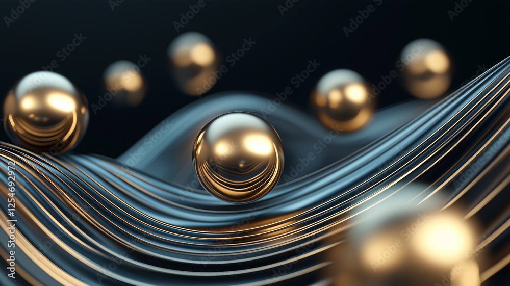 Aufkleber golden spheres float above abstract waves, creating minimalist composition