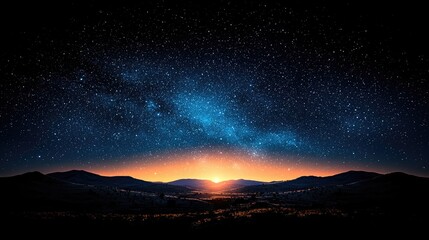Fototapeta premium Stunning night sky with stars and a vibrant sunrise over distant mountains and valleys