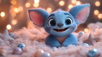 Adorable blue animated creature with large ears smiling joyfully amidst soft clouds and festive lights