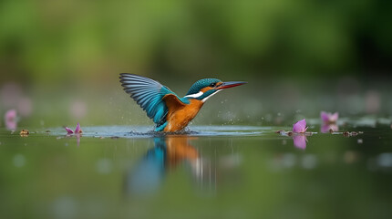 Fototapeta premium Stunning Vibrant Kingfisher Bird Landing in Pond Water Wings Spread Open - Close-up Wildlife Nature Photo