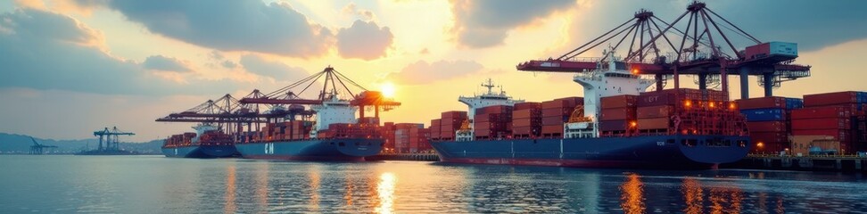 Naklejka premium Global trade logistics, shipping containers at port, import, shipping