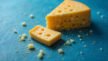 Piece of cheese block placed on gradation blue background. Cheese slice and crumble.