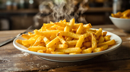 A plate of french fries with salt and pepper