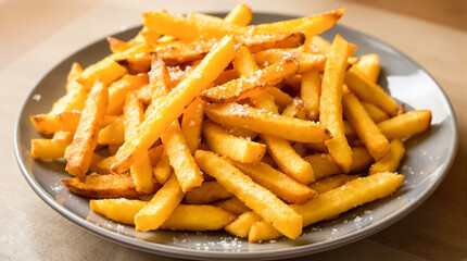 A plate of french fries with salt and pepper