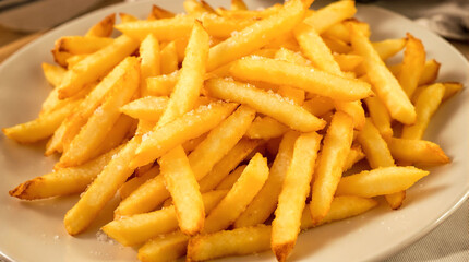 A plate of french fries with salt and pepper