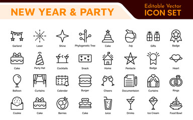 New Year and Celebration Icon Set. A festive collection of vibrant icons designed to enhance celebrations, perfect for party invitations, event promotions, and holiday-themed projects.