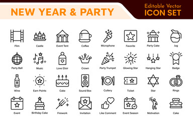 New Year and Celebration Icon Set. A festive collection of vibrant icons designed to enhance celebrations, perfect for party invitations, event promotions, and holiday-themed projects.