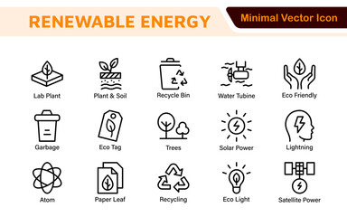 Renewable Energy Icon Set. A dynamic collection of icons showcasing sustainable energy solutions, perfect for environmental projects, educational materials, and green technology applications.