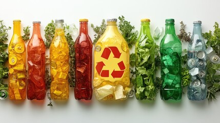 Colorful bottles filled with ice and greenery, showcasing recycling theme and sustainability