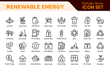 Renewable Energy Icon Set. A dynamic collection of icons showcasing sustainable energy solutions, perfect for environmental projects, educational materials, and green technology applications.