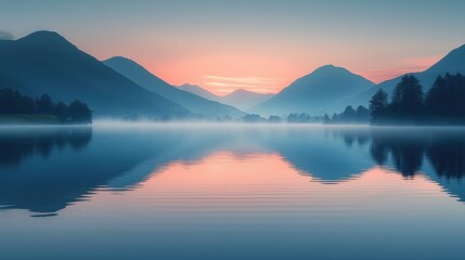 Misty Sunrise over a Serene Mountain Lake