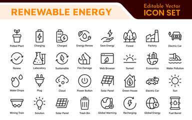 Renewable Energy Icon Set. A dynamic collection of icons showcasing sustainable energy solutions, perfect for environmental projects, educational materials, and green technology applications.