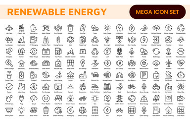 Renewable Energy Icon Set. A dynamic collection of icons showcasing sustainable energy solutions, perfect for environmental projects, educational materials, and green technology applications.