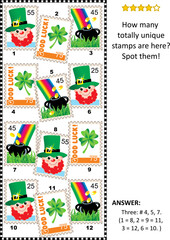 St Patrick's Day picture puzzle with postage stamps: How many unique stamps are here? Answer included.
