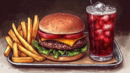 Delicious cheeseburger with fries and soda on a tray, set against a dark, textured background
