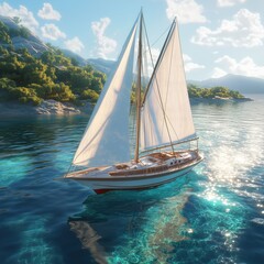 Fototapeta premium A sailboat moves gracefully on turquoise waters, surrounded by vibrant green hills.